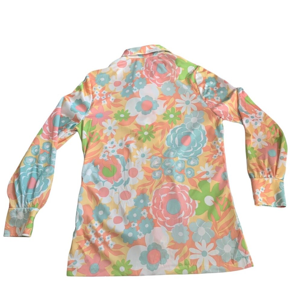 Vintage Groovy Pastel Novelty Floral Flower Power Print Blouse - Picture 3 of 5